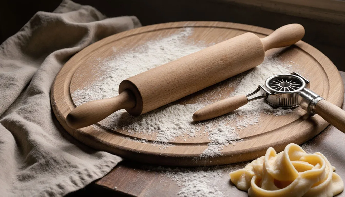 A rolling pin, pastry board, and pasta cutter arranged with fresh dough on a flour-dusted kitchen counter