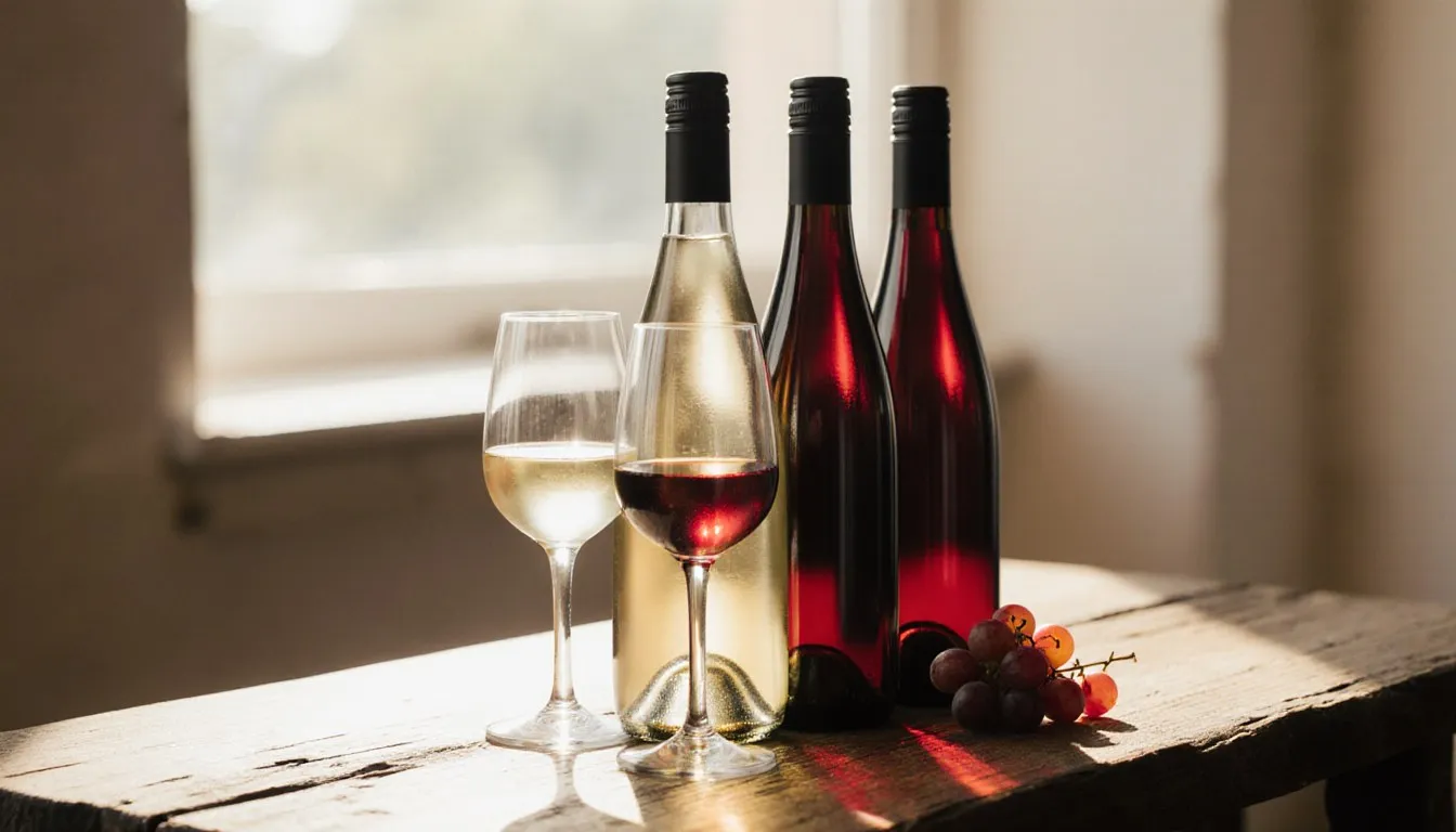 Bottles and glasses of golden and red Australian wine arranged on a wooden table