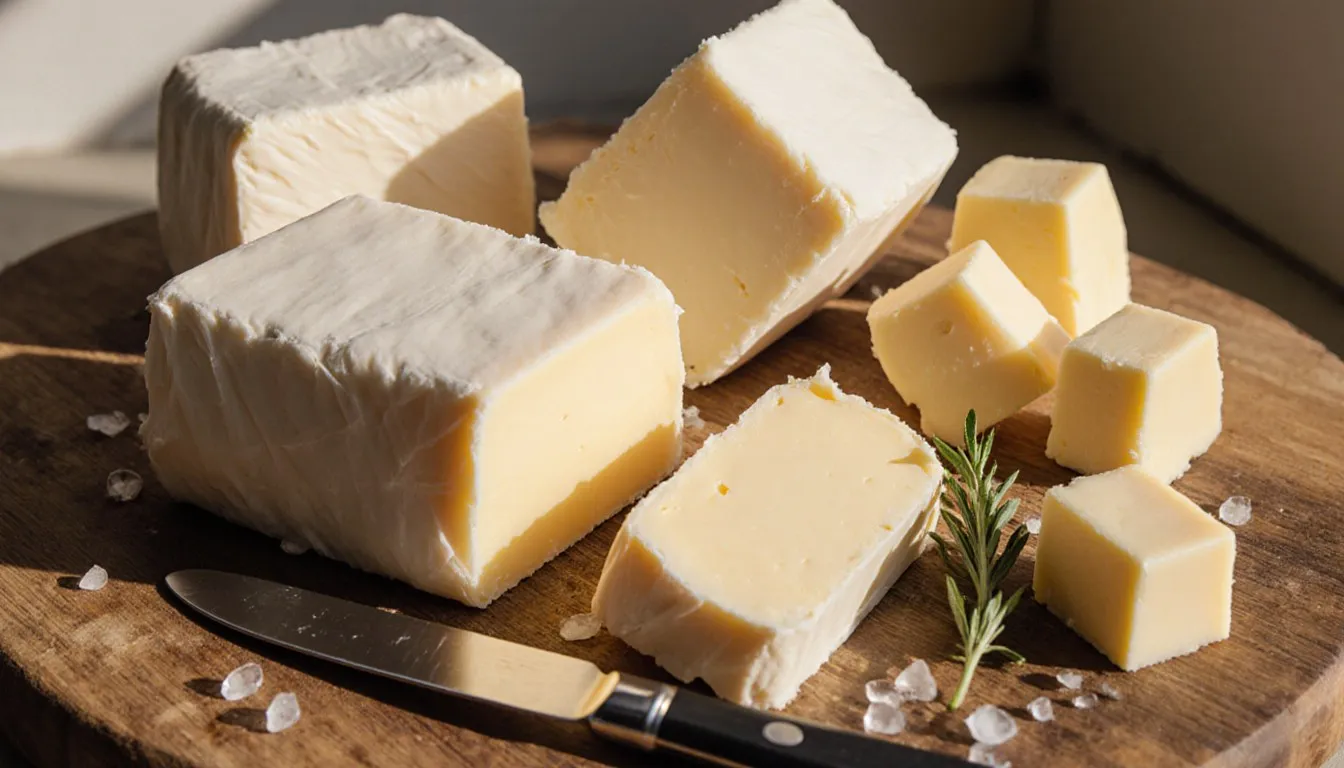Several unlabeled blocks of butter in varying shades of yellow arranged on a wooden board