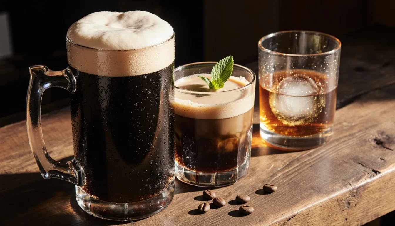 A pint of stout, an Irish coffee, and a glass of whiskey arranged on a wooden pub bar