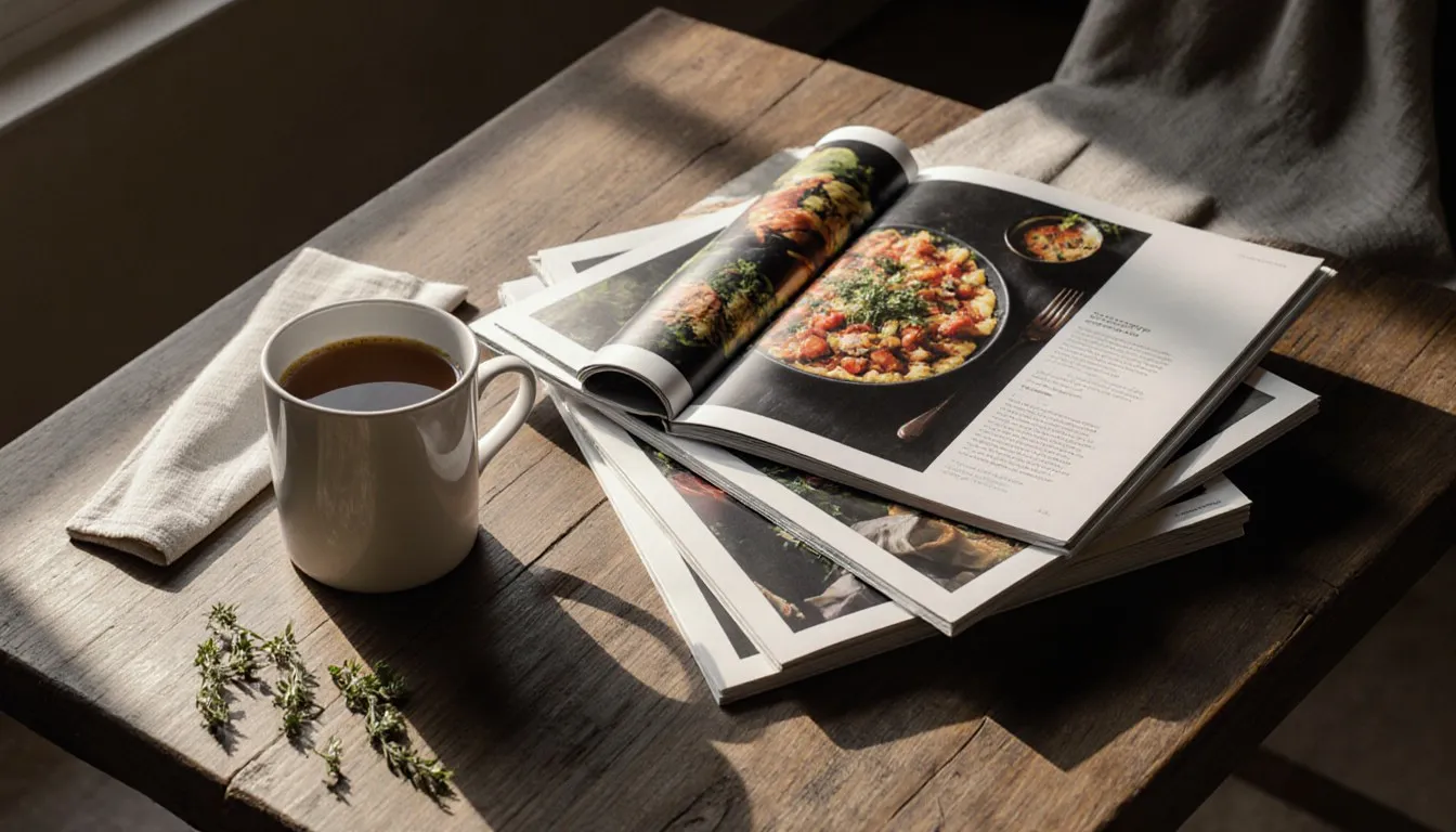 A stack of glossy food magazines on a wooden table beside a cup of coffee