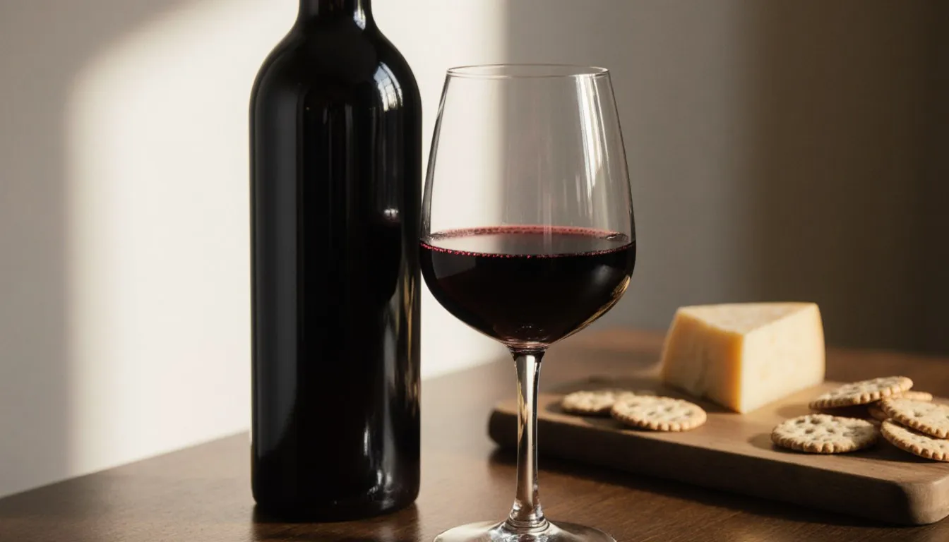 A glass of merlot wine poured beside its bottle on a table set for a small gathering