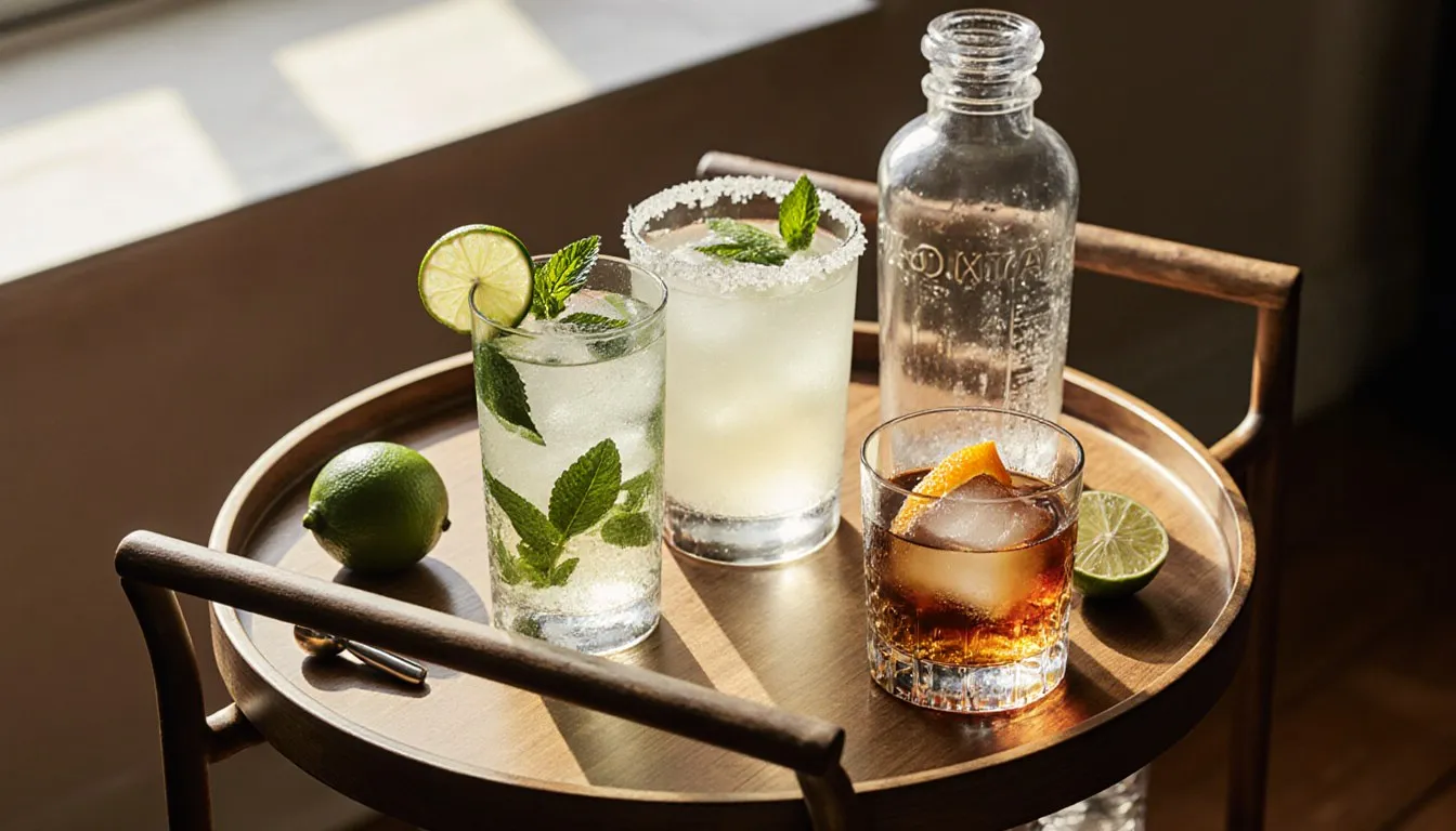 A bar cart set with a mojito, margarita, and old fashioned alongside limes and a cocktail shaker
