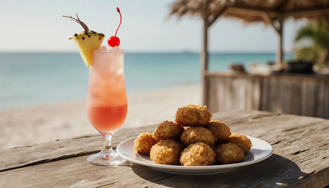 Golden conch fritters and a pink Bahama Mama cocktail on a table at a Nassau beach shack
