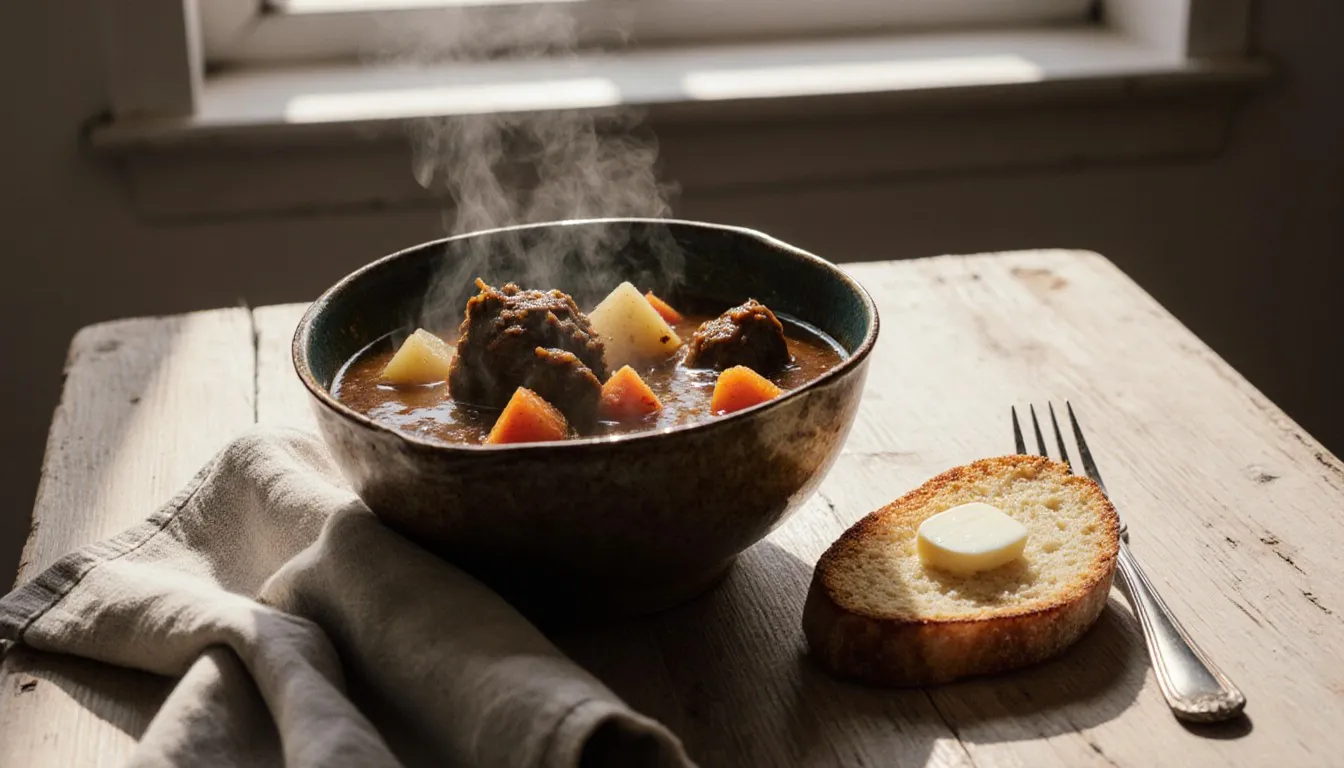 A bowl of traditional Irish stew with lamb and potatoes served beside a wedge of boxty