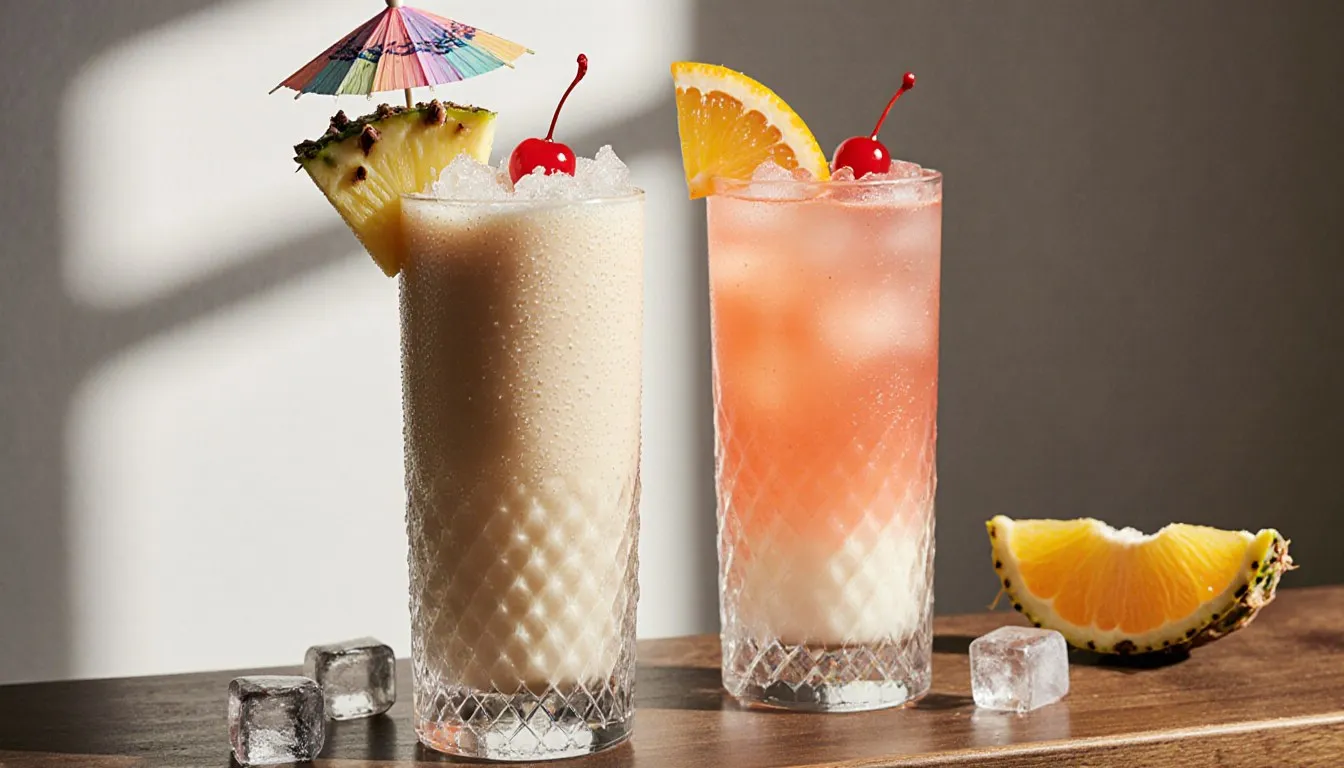 A pña colada and a layered pink Bahama Mama cocktail garnished with pineapple and cherry