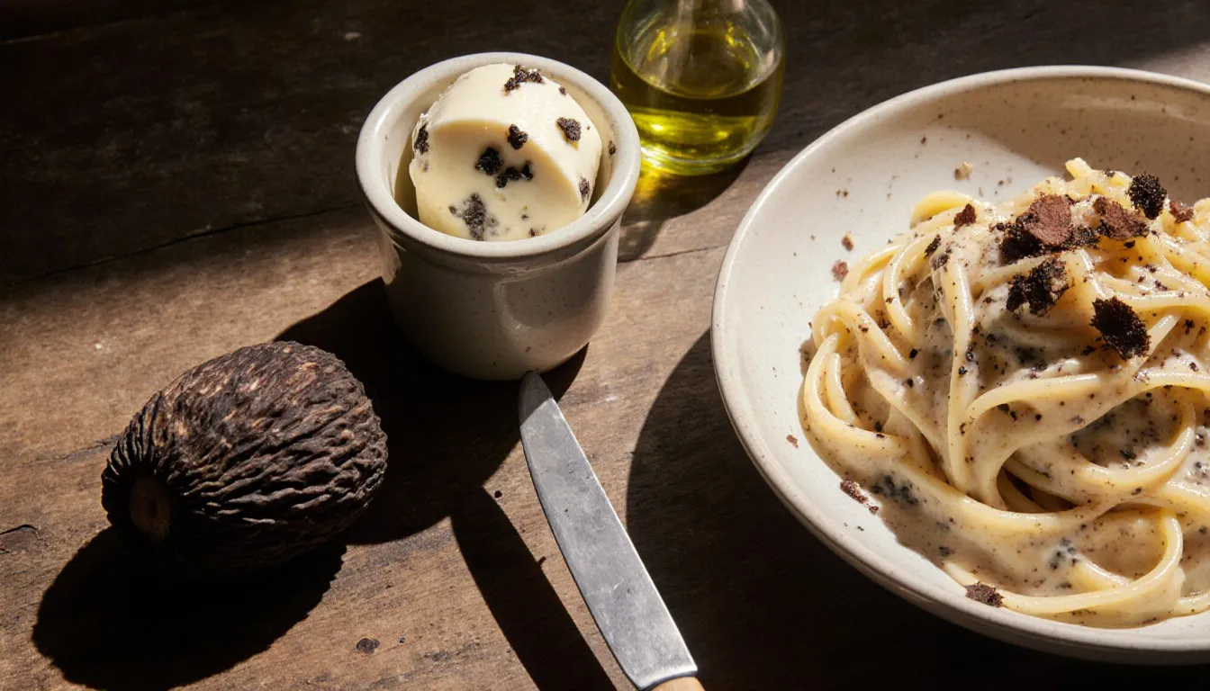 A fresh black truffle beside a crock of truffle butter and a bowl of creamy fettuccine