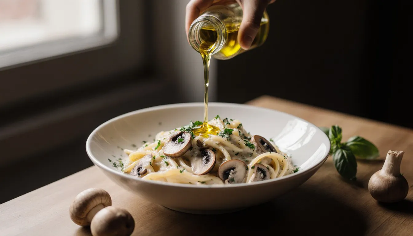 Truffle oil drizzling over a bowl of mushroom linguine with fresh herbs on the side