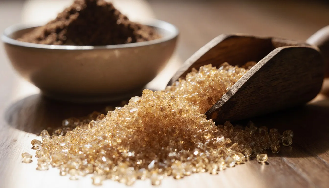 Coarse golden turbinado sugar crystals spilling from a wooden scoop beside a bowl of brown sugar