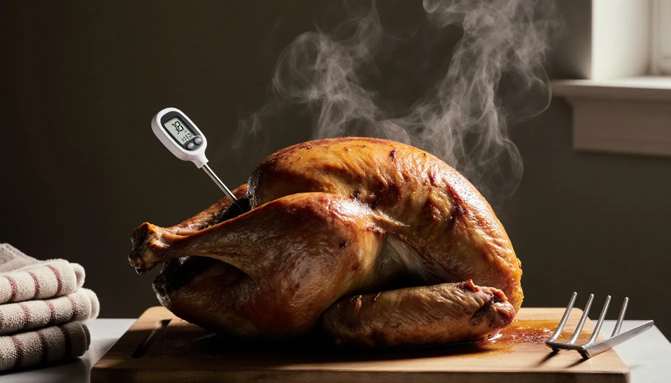 A golden roasted turkey with a meat thermometer inserted into the thigh, resting on a carving board