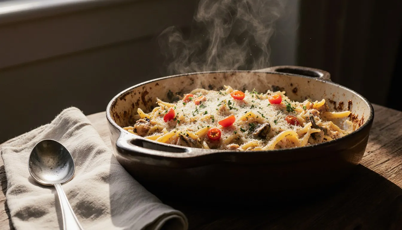 Baked turkey tetrazzini casserole with spaghetti, shredded turkey, and melted cheese topping