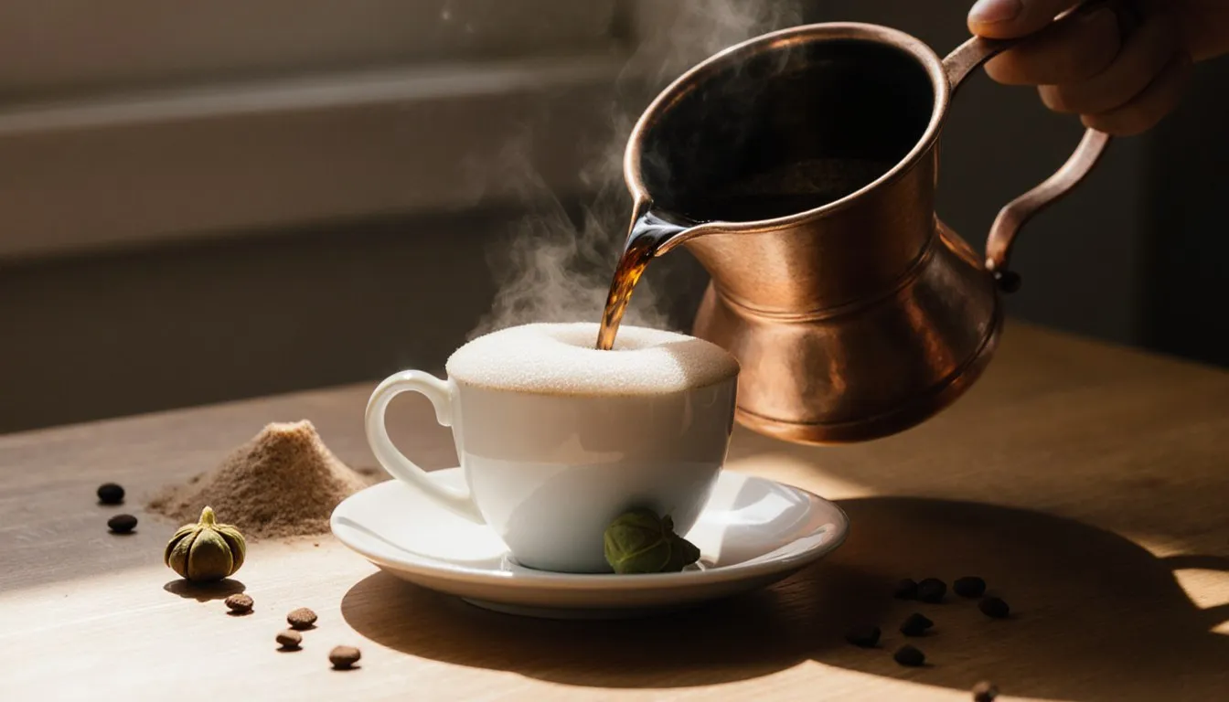 Copper cezve pouring foamy Turkish coffee into a demitasse cup beside a cardamom pod and sugar