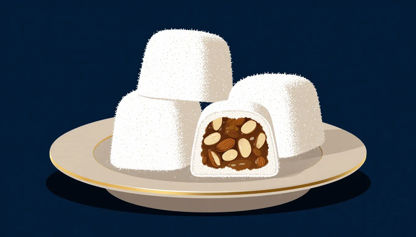 Sugar-dusted cubes of Turkish delight, one sliced open to show chopped almonds inside