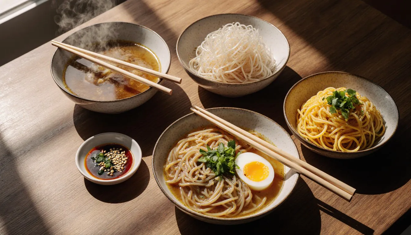 An overhead spread of bowls showing different Asian noodle types, from ramen and udon to soba and glass noodles
