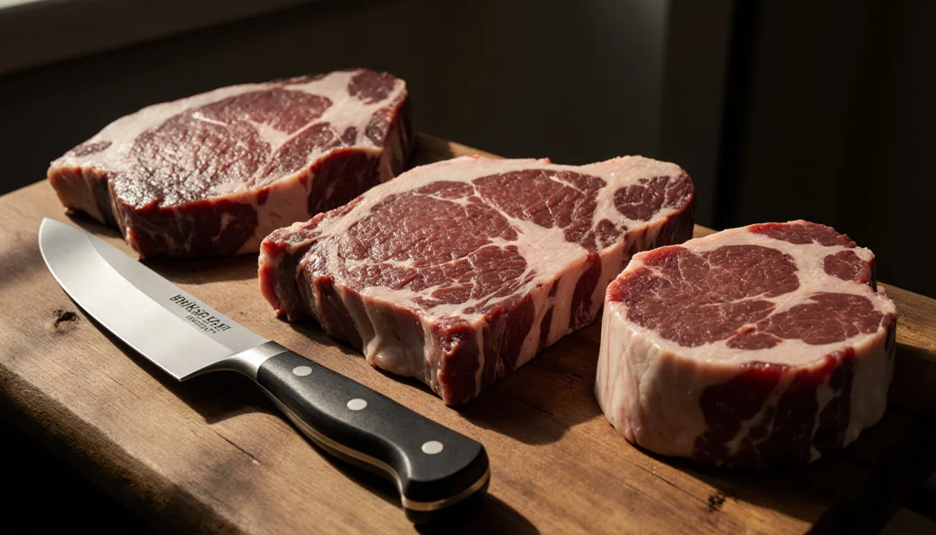 Three raw beef cuts, including a marbled rib steak, brisket, and tenderloin, arranged on a wooden butcher block