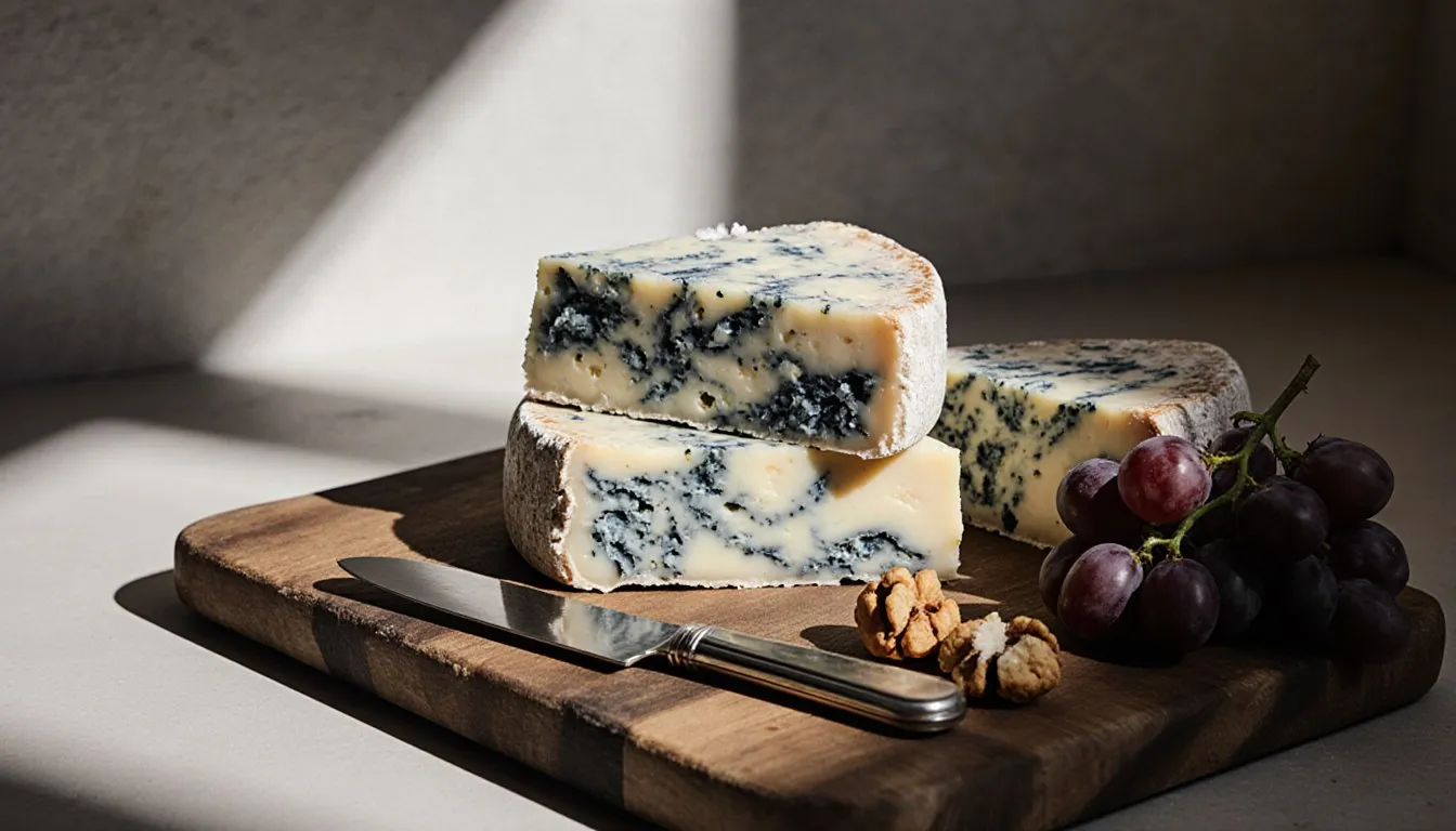 An assortment of blue cheese wedges with varied veining and rinds arranged on a wooden board