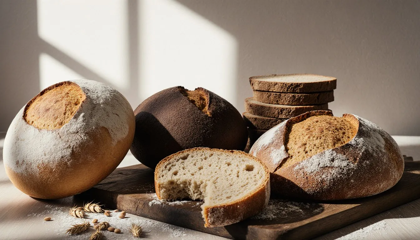 An assortment of whole bread loaves, including white, rye, and flatbread, arranged on a wooden board