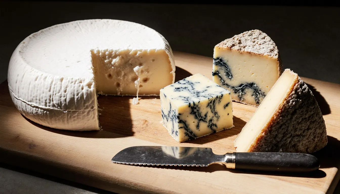 Four cheeses with different rinds and textures, from a soft bloomy wheel to blue-veined and aged wedges, on a wooden board