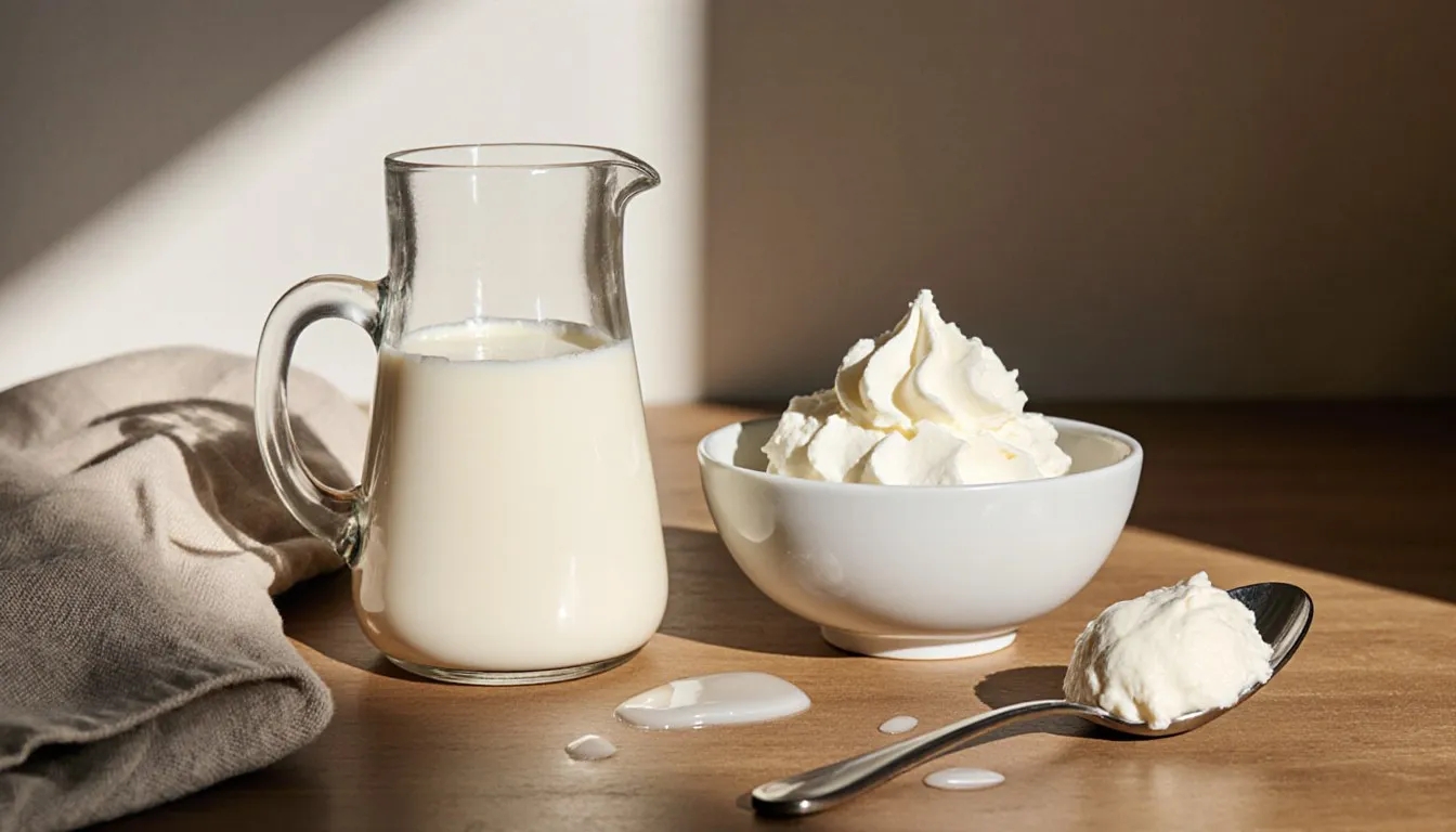 A jug of pouring cream, a bowl of whipped cream, and clotted cream on a spoon arranged on a kitchen counter