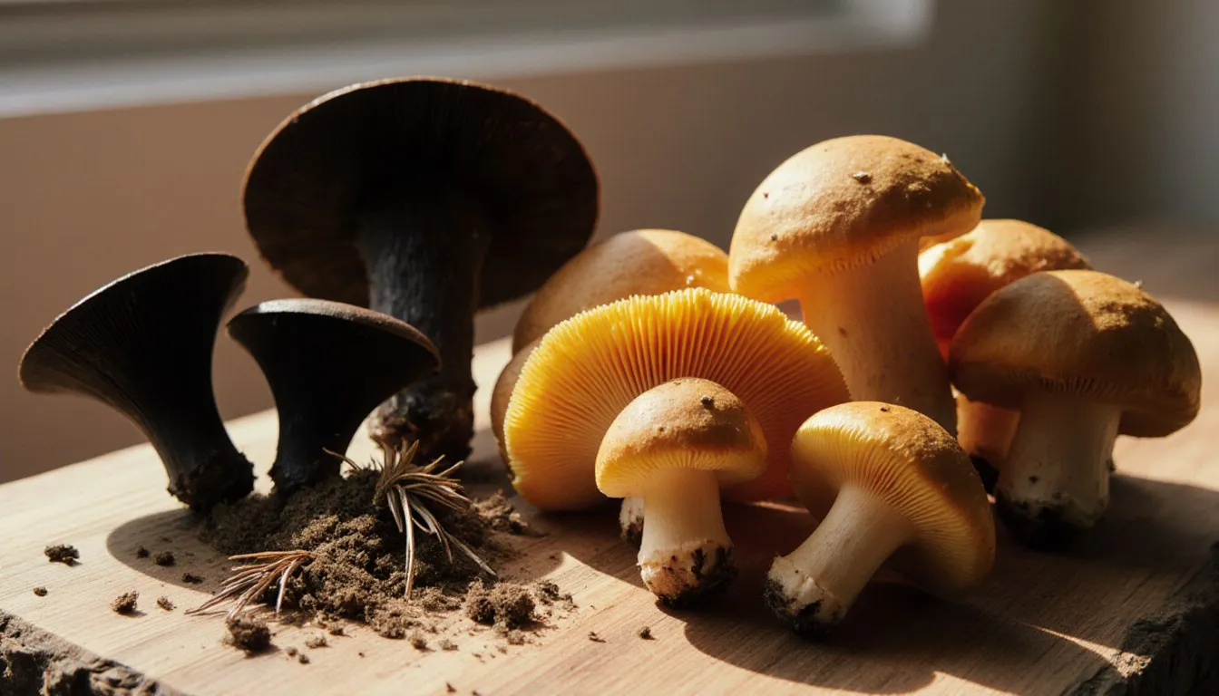Freshly foraged golden chanterelle and black trumpet mushrooms arranged on a wooden board