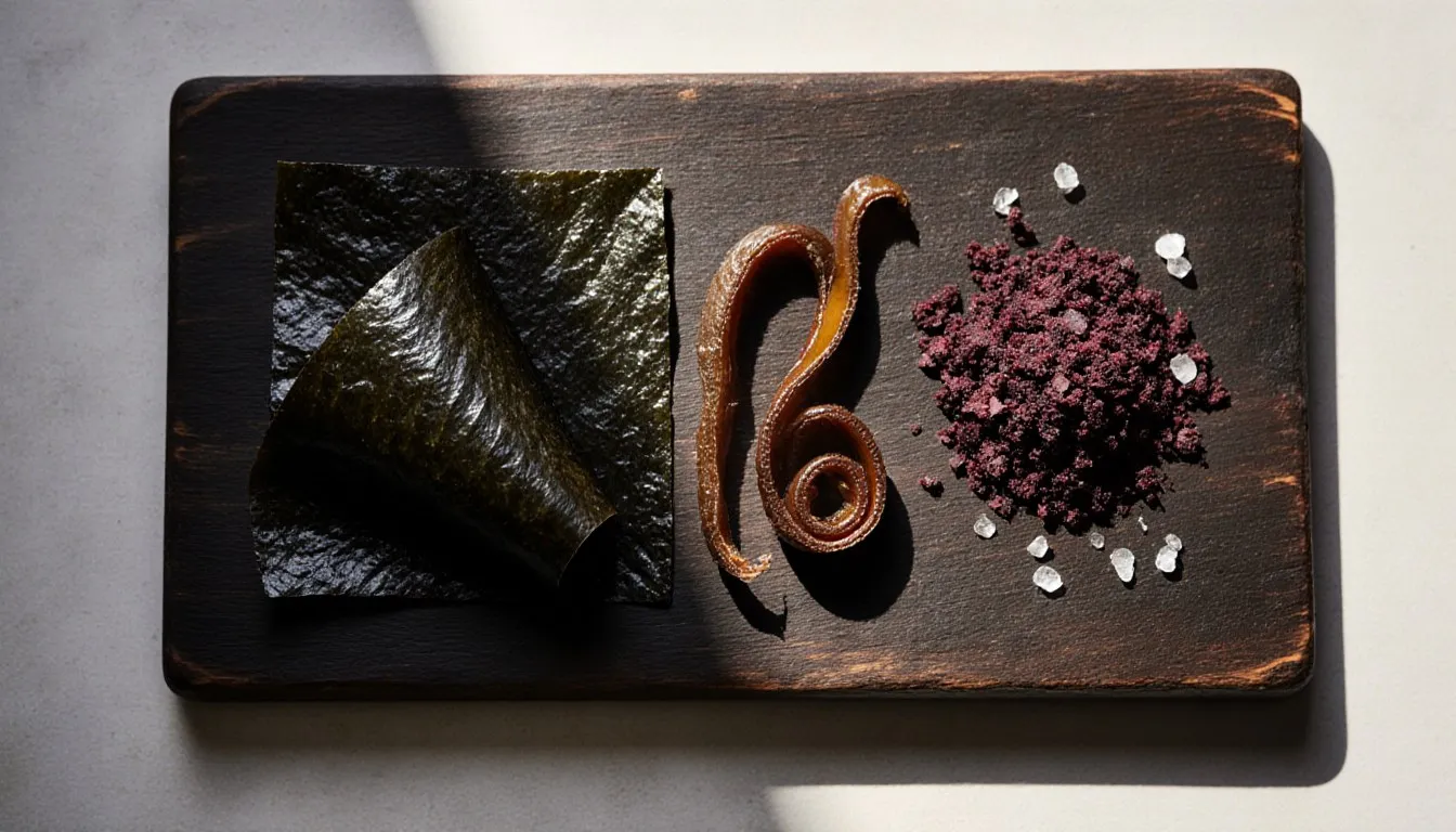 Dried nori, kelp, and dulse seaweed arranged on a wooden board, showing their different textures and colors