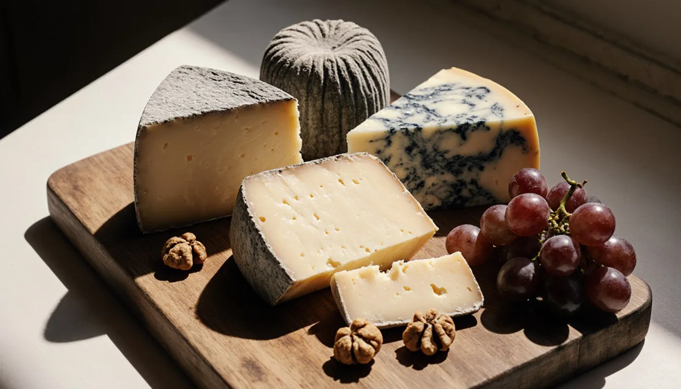 A wooden board with a wedge of pressed cheese, a goat cheese log, and a blue-veined cheese wedge