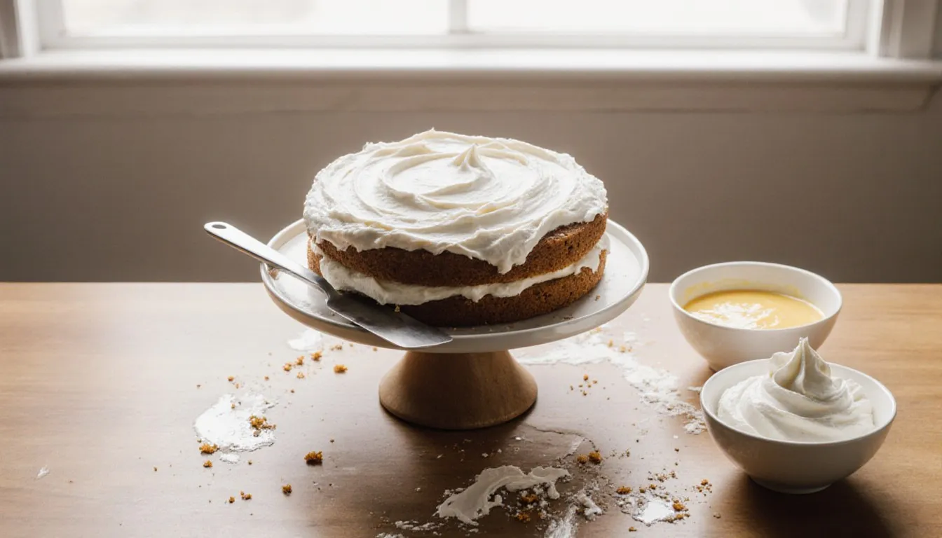 A layer cake being frosted with swirled buttercream icing using an offset spatula