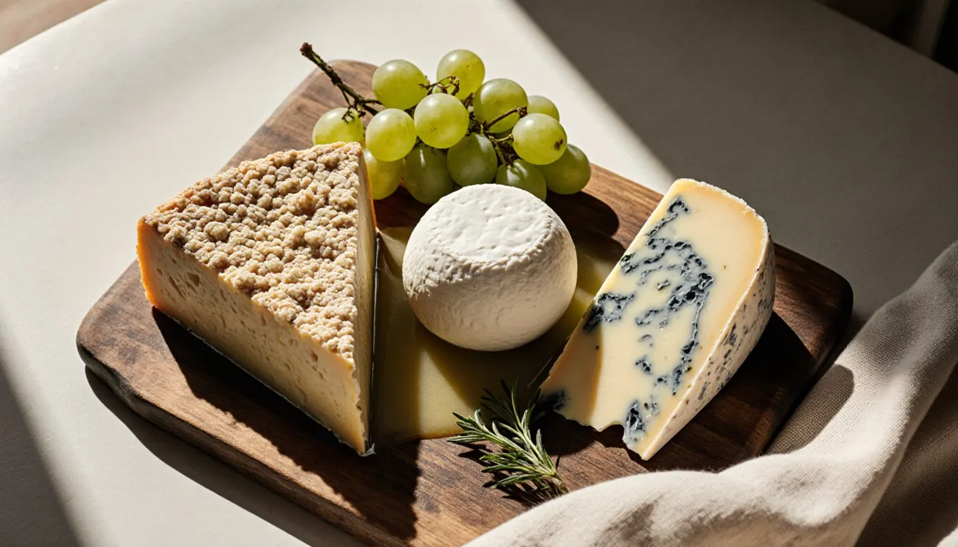 Wedges of Parmesan, fresh mozzarella, and blue-veined Gorgonzola arranged on a wooden board