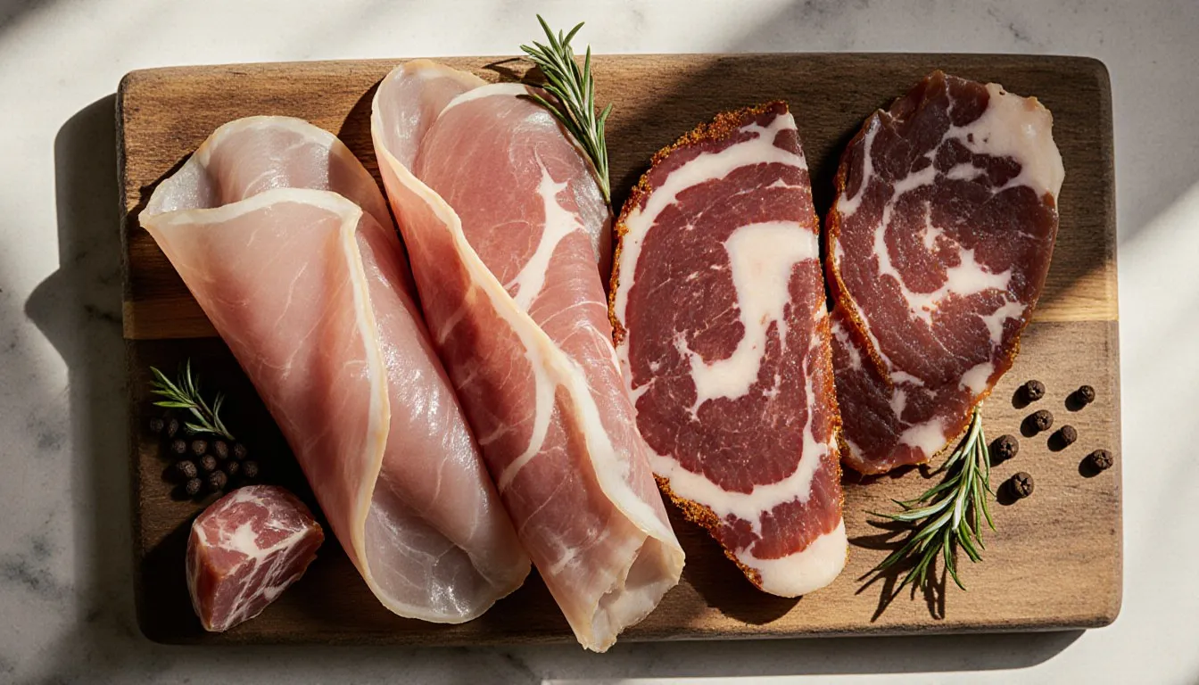 A wooden board displaying four types of Italian cured ham: prosciutto, pancetta, speck, and coppa, thinly sliced