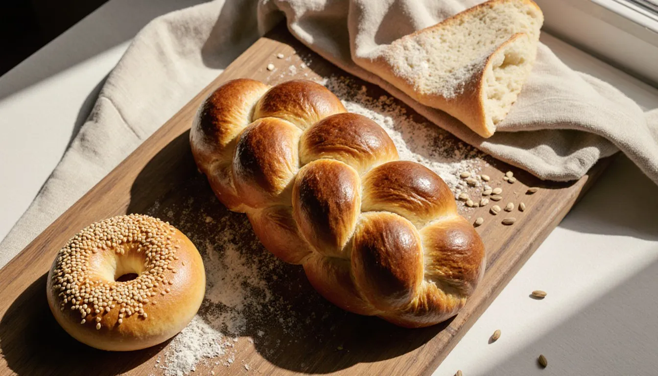 A braided challah loaf, a bagel, and folded flatbread arranged on a wooden board in soft light