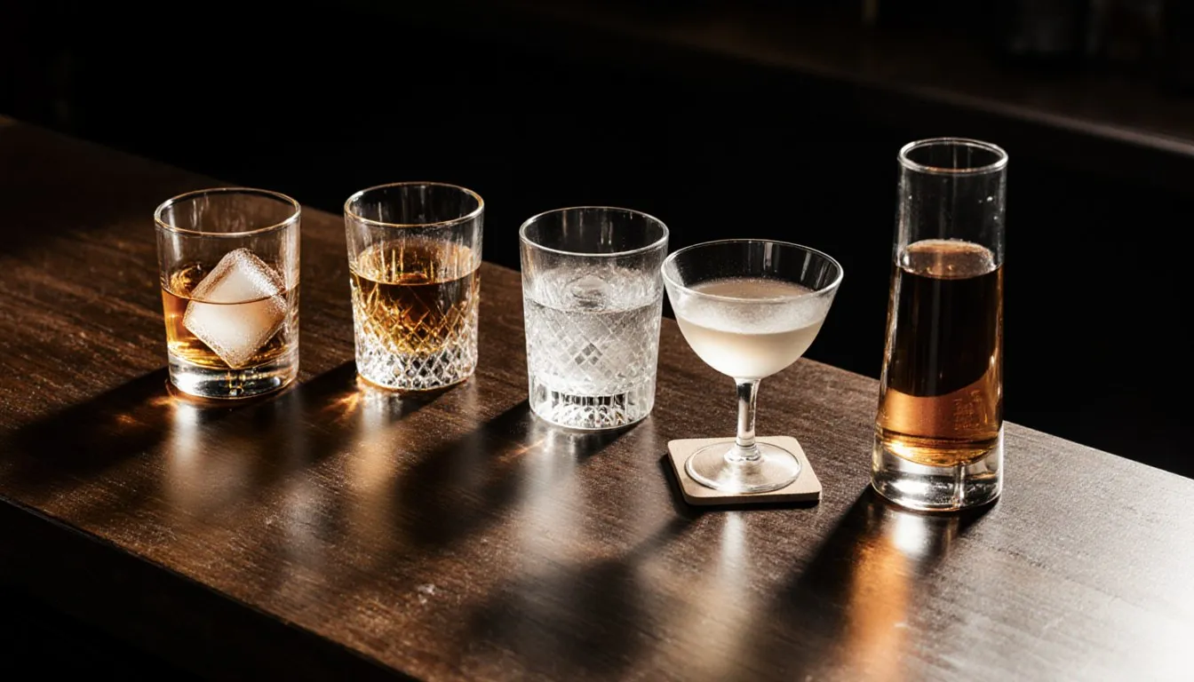 Five glasses of different liquors lined up on a dark wood bar in warm light