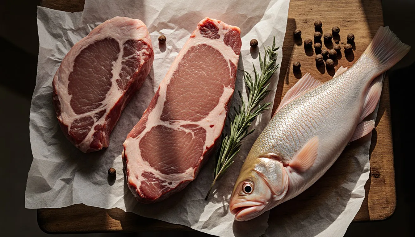 A butcher board with raw beef, a whole chicken, and a fresh fish, representing common types of meat