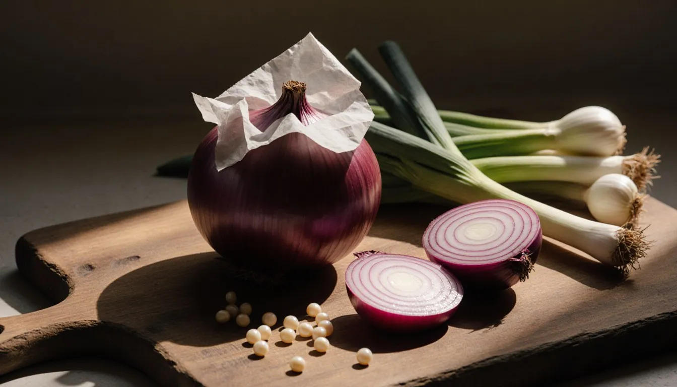 A red onion, green onions, and pearl onions arranged together on a wooden cutting board