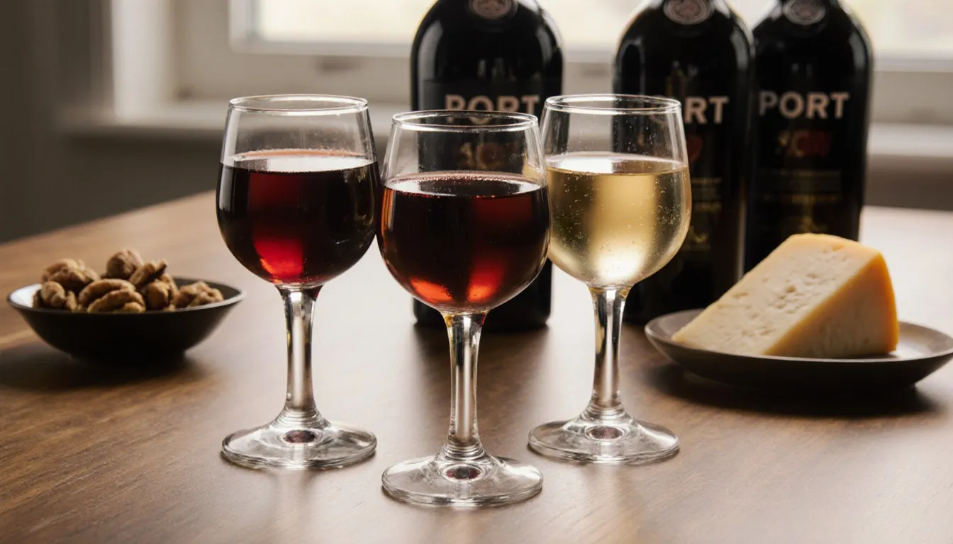 Three glasses of port wine in ruby, tawny, and white styles arranged on a table