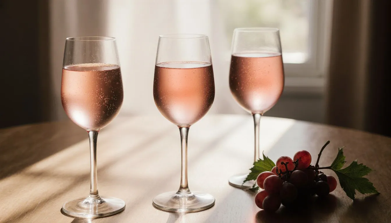 Three glasses of rosé wine in varying shades of pink arranged on a table with grape clusters
