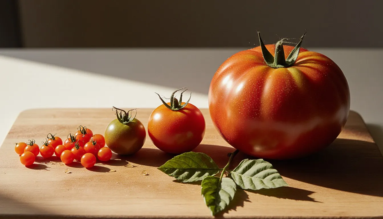 An assortment of tomato varieties, from tiny currant tomatoes to a large beefsteak tomato, on a wooden board