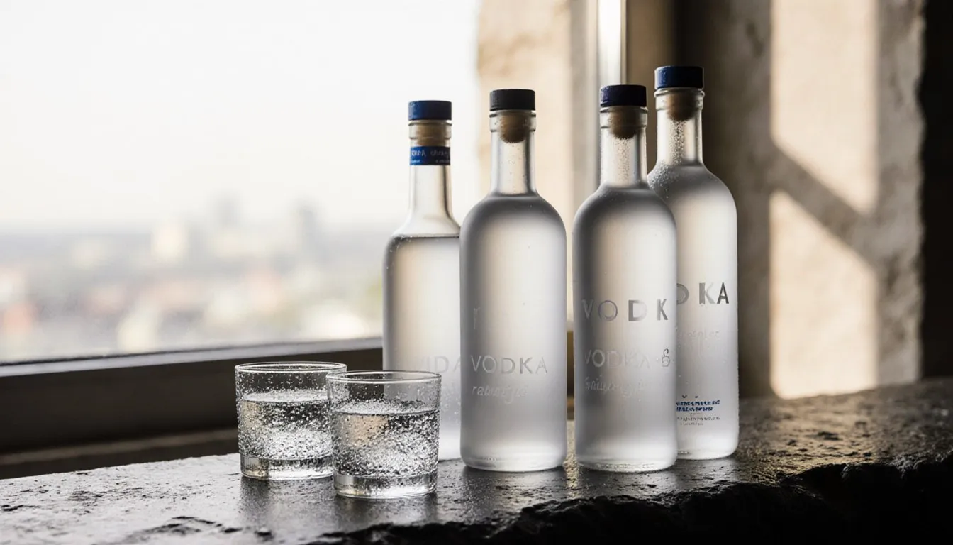 An assortment of unlabeled vodka bottles and chilled glasses arranged on a bar counter