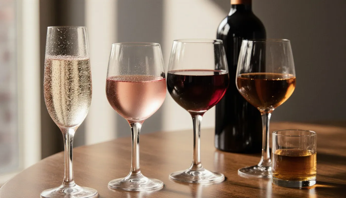 Four glasses of wine (sparkling, rose, red, and fortified) arranged on a table in soft light