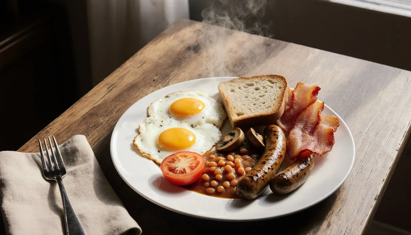 A full English breakfast plate with fried eggs, bacon, sausages, tomato, mushrooms, beans, and toast