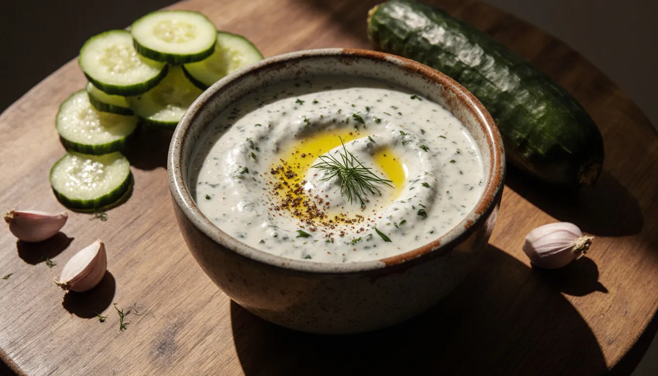 A bowl of creamy tzatziki sauce garnished with dill, beside sliced cucumber and garlic cloves