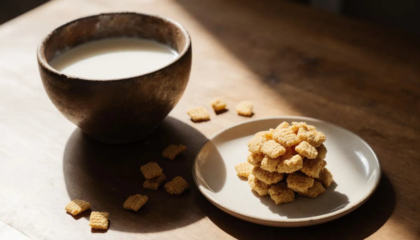 A bowl of cornflakes with milk next to a plate of no-bake cornflake cookie clusters on a wooden table