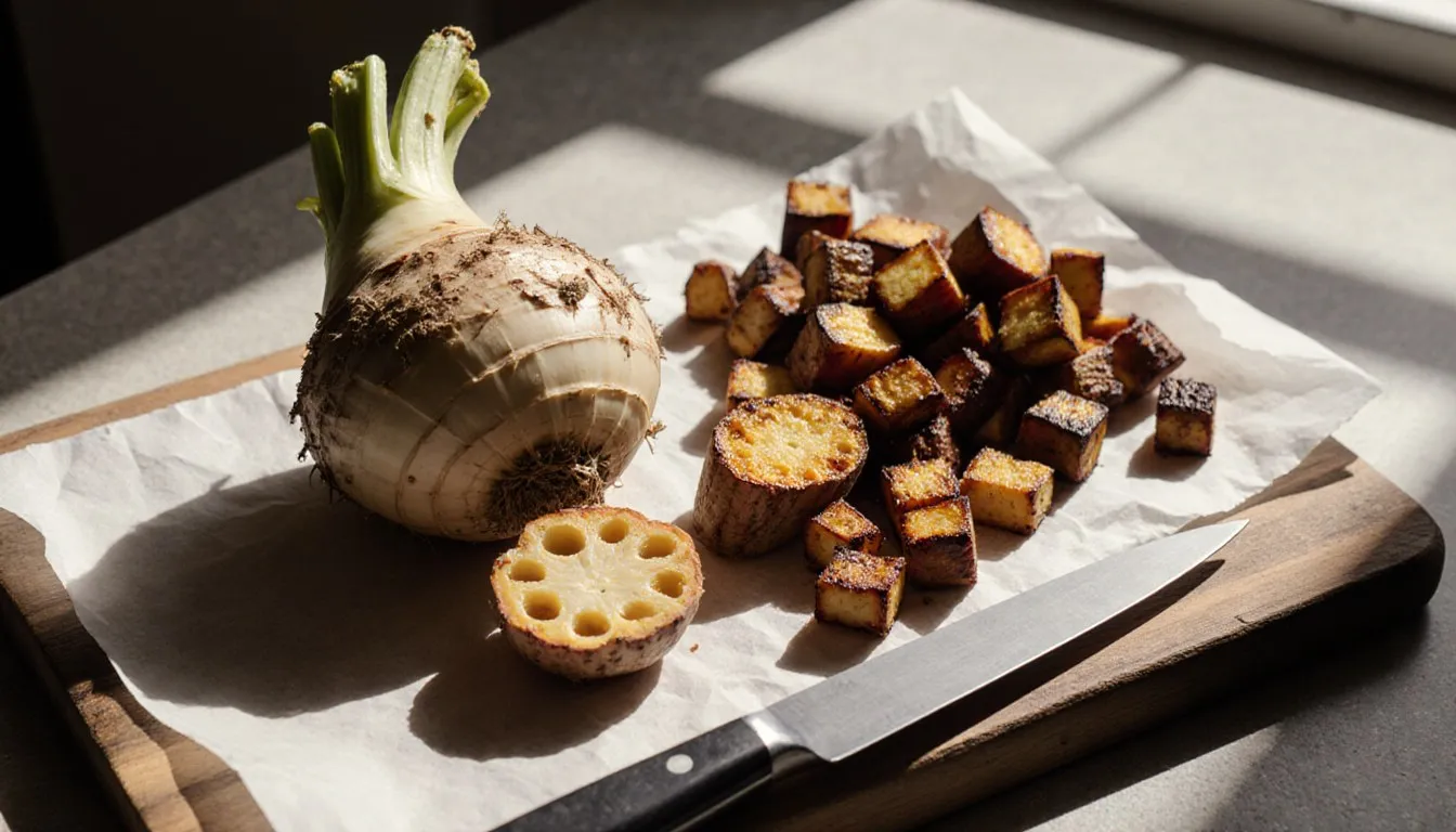 A whole celeriac and a sliced lotus root beside a pile of deeply roasted root-vegetable cubes on parchment