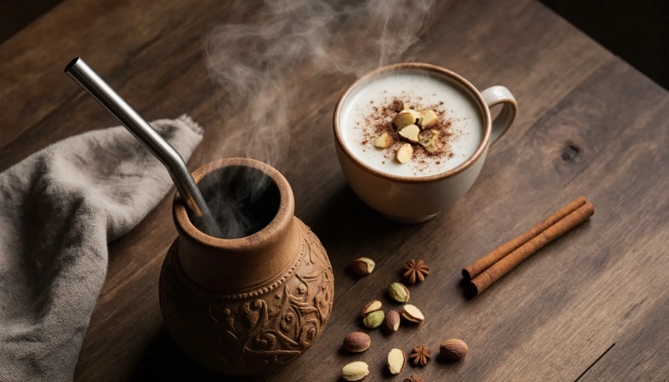 A mate gourd, a bowl of sahlab with cinnamon, and a cup of butter tea steaming together on a wooden table