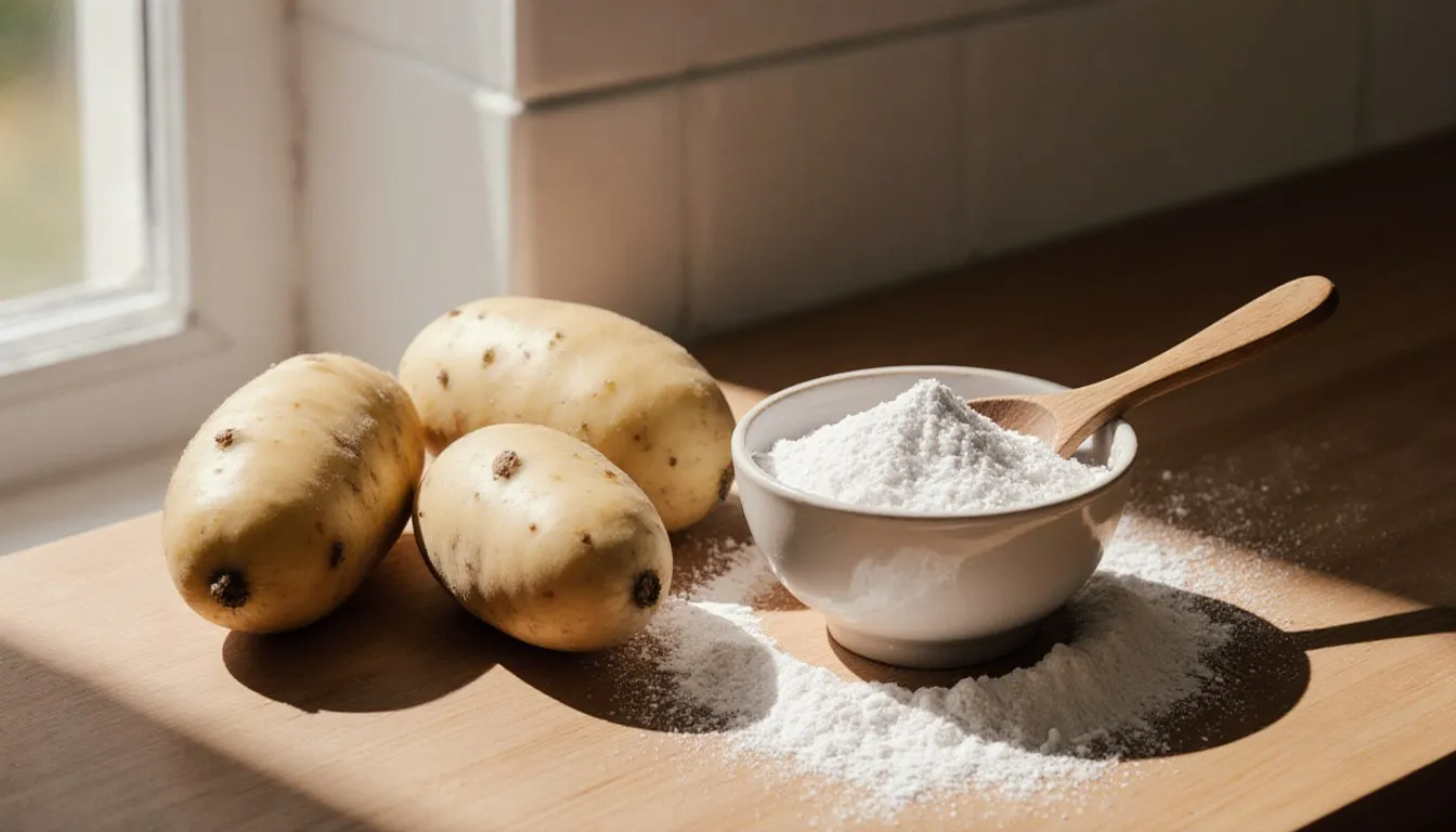 Raw potatoes beside a bowl of fine white potato starch on a wooden kitchen counter