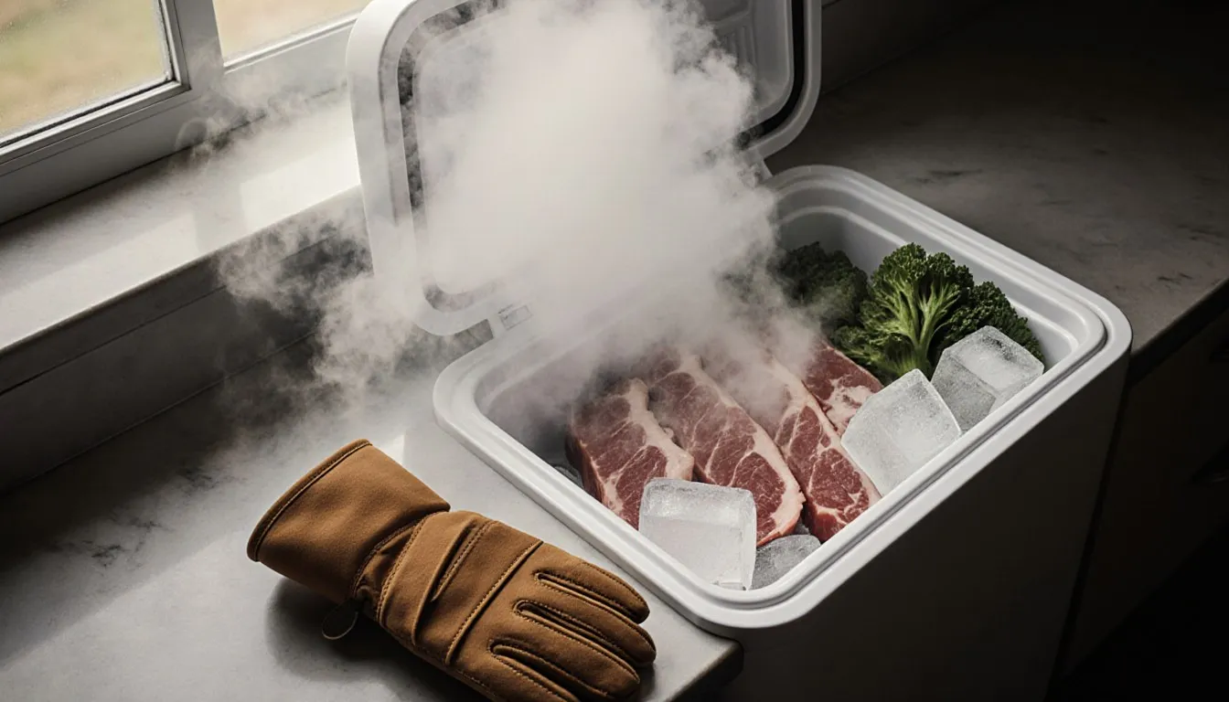 Meat and vegetables packed with dry ice in a cooler, vapor rising as the food is preserved