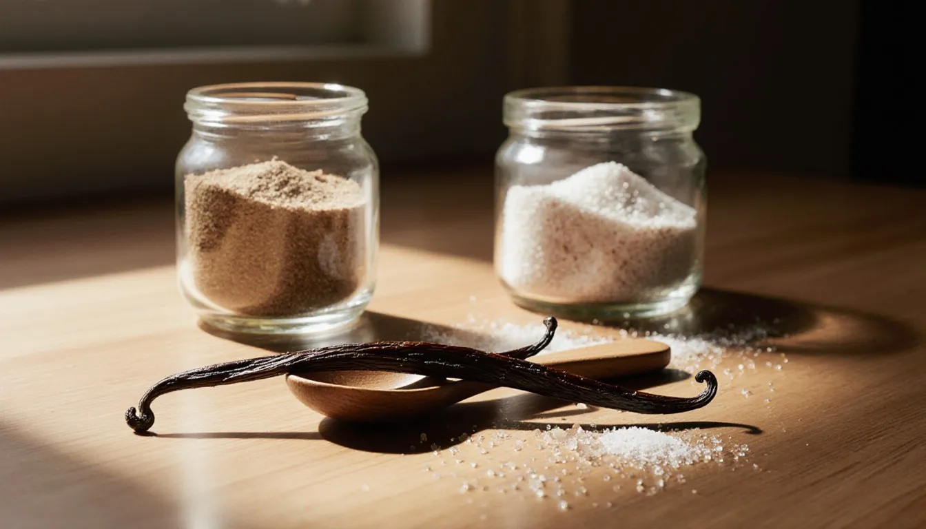 Split vanilla beans beside jars of vanilla powder and vanilla-flecked sugar on a wooden counter