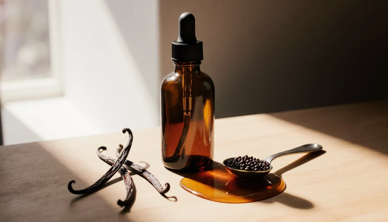 A bottle of vanilla extract beside split vanilla beans on a wooden counter