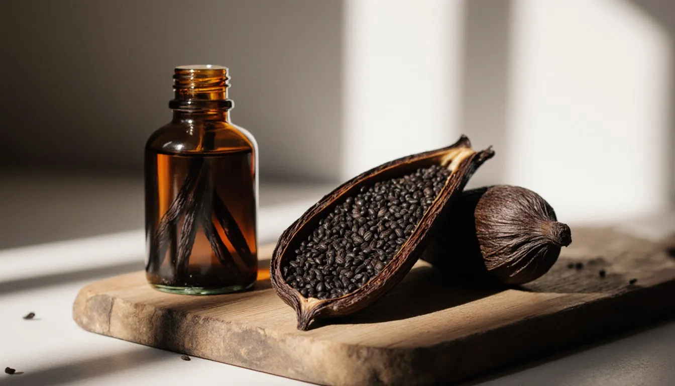 Split vanilla bean pods with visible seeds beside a small bottle of dark vanilla extract