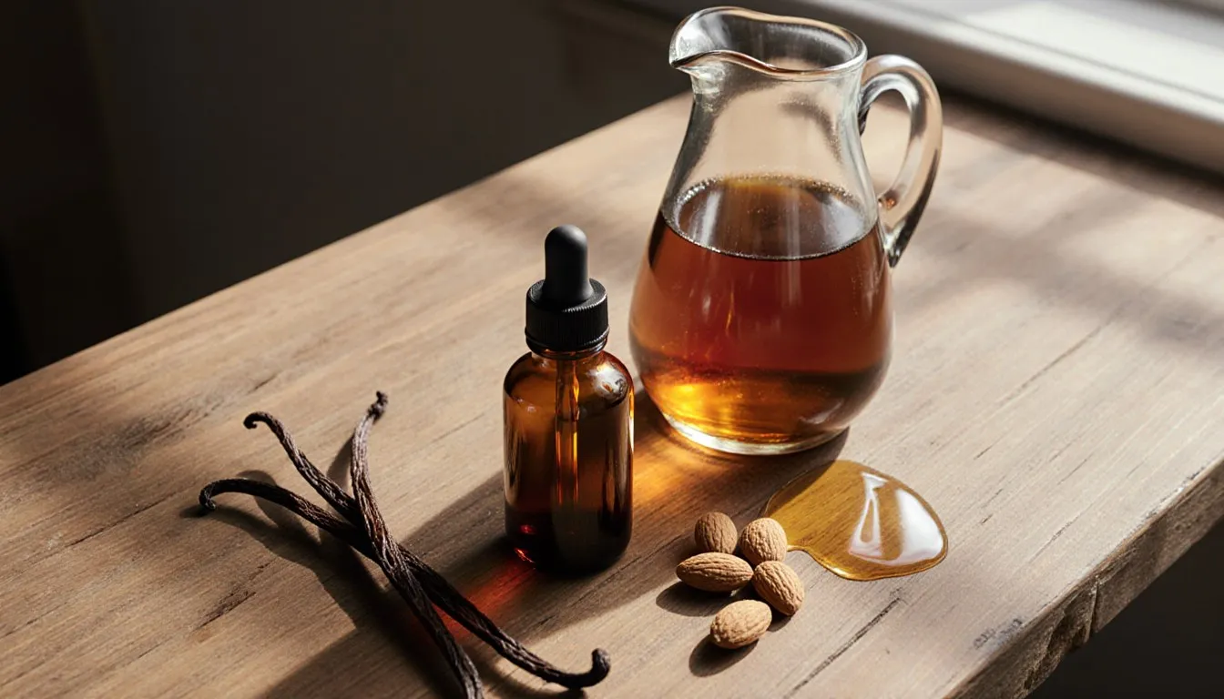 A split vanilla bean, amber extract bottle, maple syrup, and almonds arranged on a wooden counter