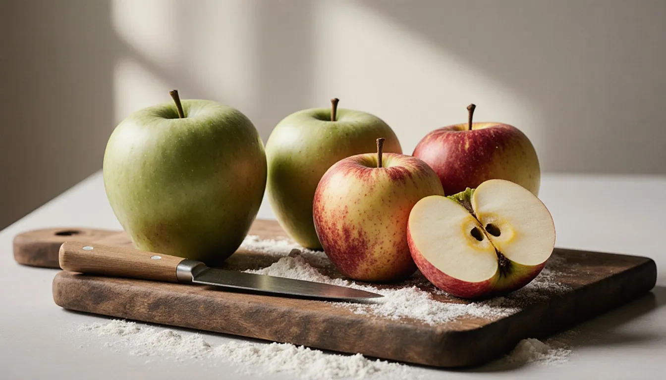 Bramley, Granny Smith, and Cox's Orange Pippin cooking apples arranged on a wooden board with a knife